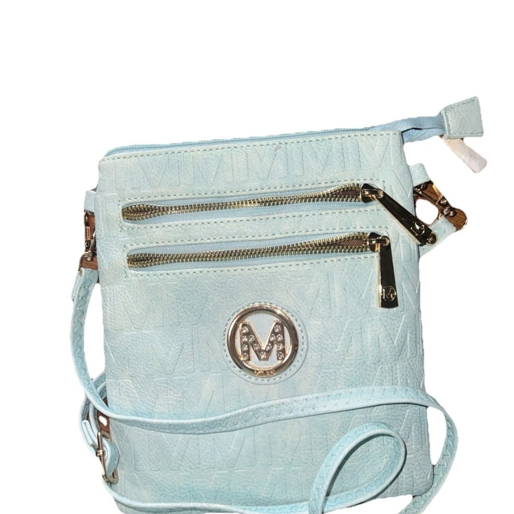 Blue and Gold Crossbody Bag Adjustable Strap and Gold Hardware by Mia K. Farrow